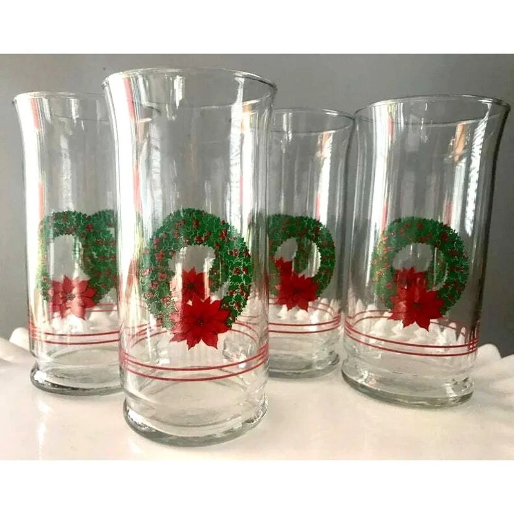 4 Libbey glasses Christmas Wreath Poinsettia VTG clear drinking glasses Vintage